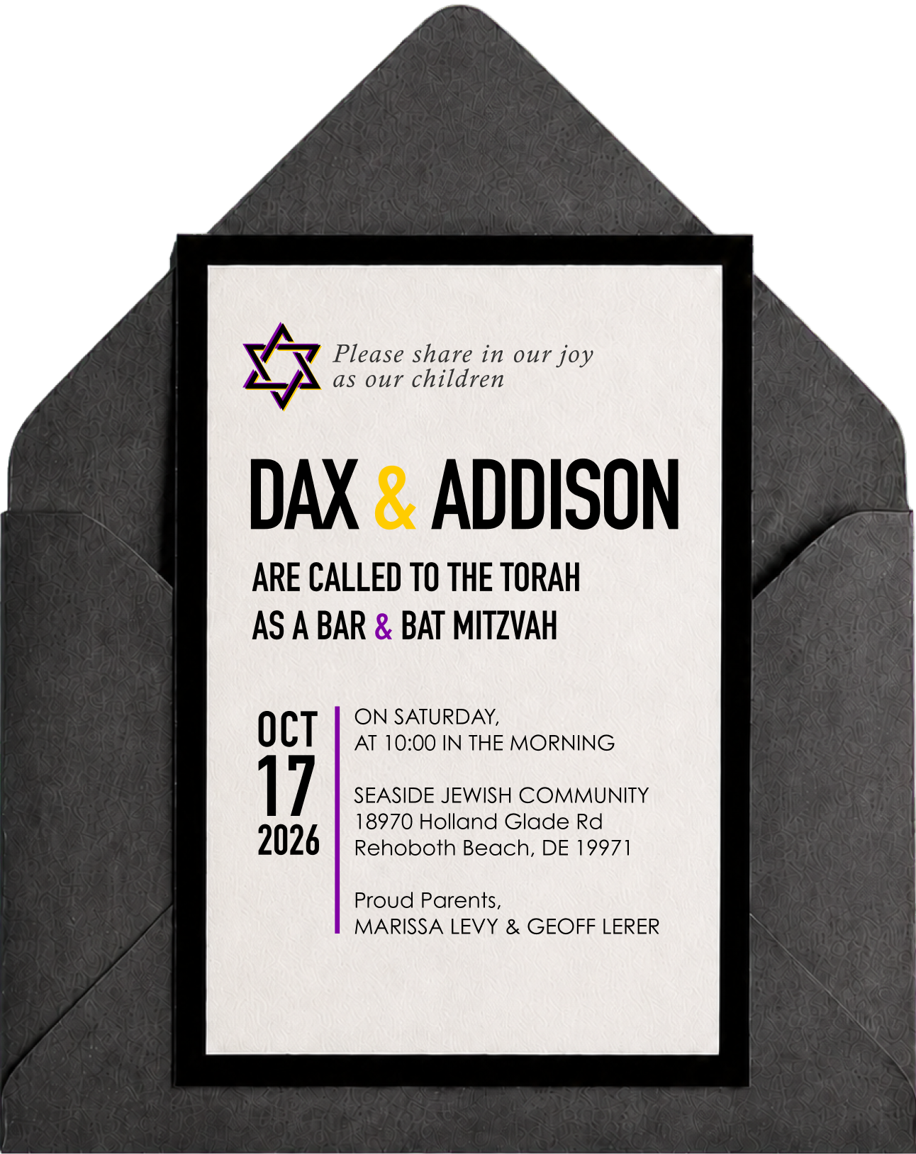 Dax & Addison are called to the Torah as a Bar & Bat Mitzvah — Saturday, October 17, 2026, 10:00 in the morning, Seaside Jewish Community, Rehoboth Beach, DE